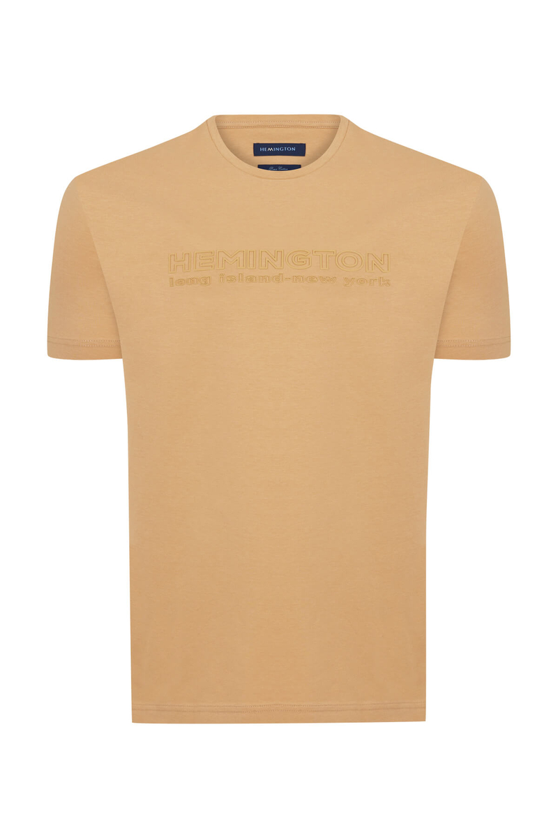 Hemington Kabartma Baskılı Kum Rengi Pima Pamuk T-Shirt. 7