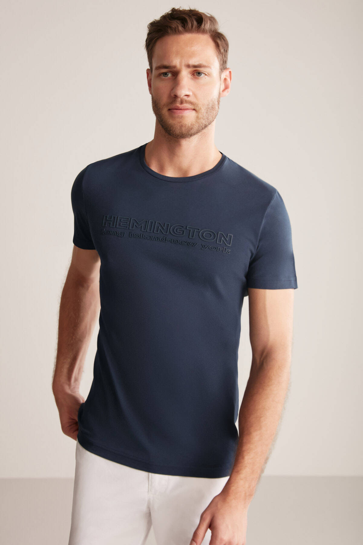 Hemington Kabartma Baskılı Lacivert Pima Pamuk T-Shirt