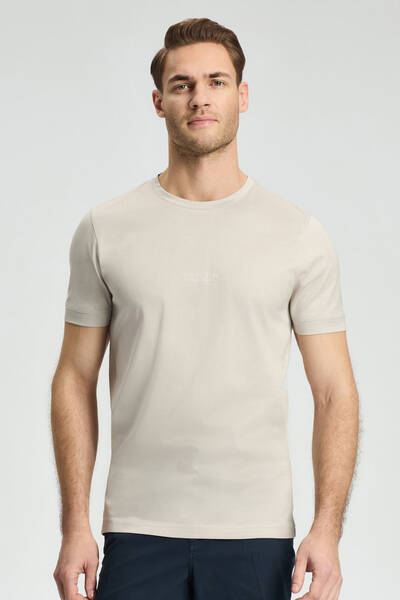 Hemington Baskılı Merserize Pamuk Açık Bej Bisiklet Yaka T-Shirt - Hemington