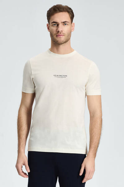 Hemington Baskılı Merserize Pamuk Krem Rengi Bisiklet Yaka T-Shirt - Hemington