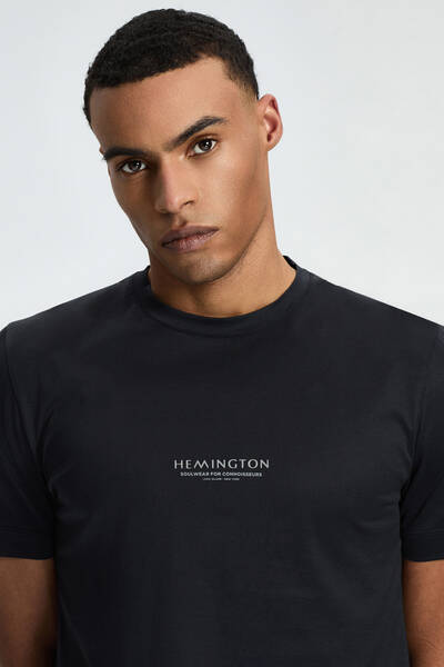 Hemington Baskılı Merserize Pamuk Siyah Bisiklet Yaka T-Shirt - Hemington