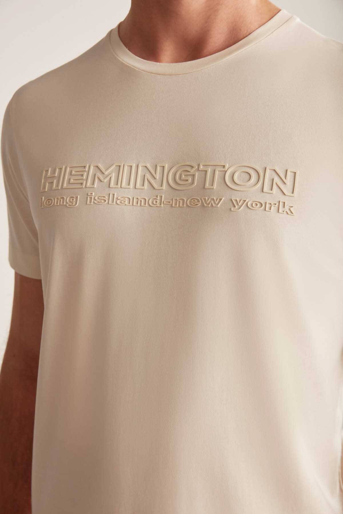 Hemington Kabartma Baskılı Krem Rengi Pima Pamuk T-Shirt