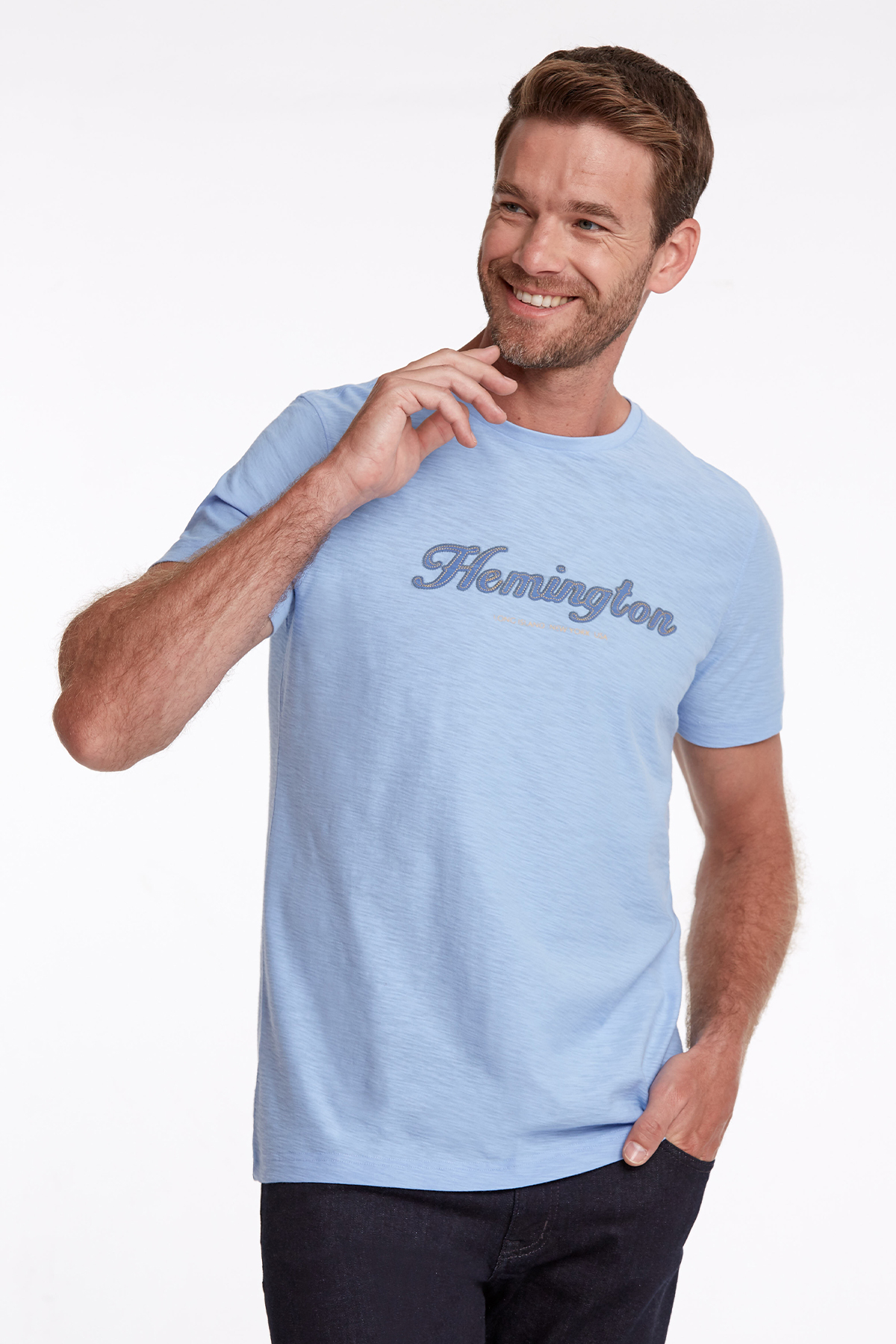 Hemington Logolu Bisiklet Yaka Mavi Pamuk T-Shirt