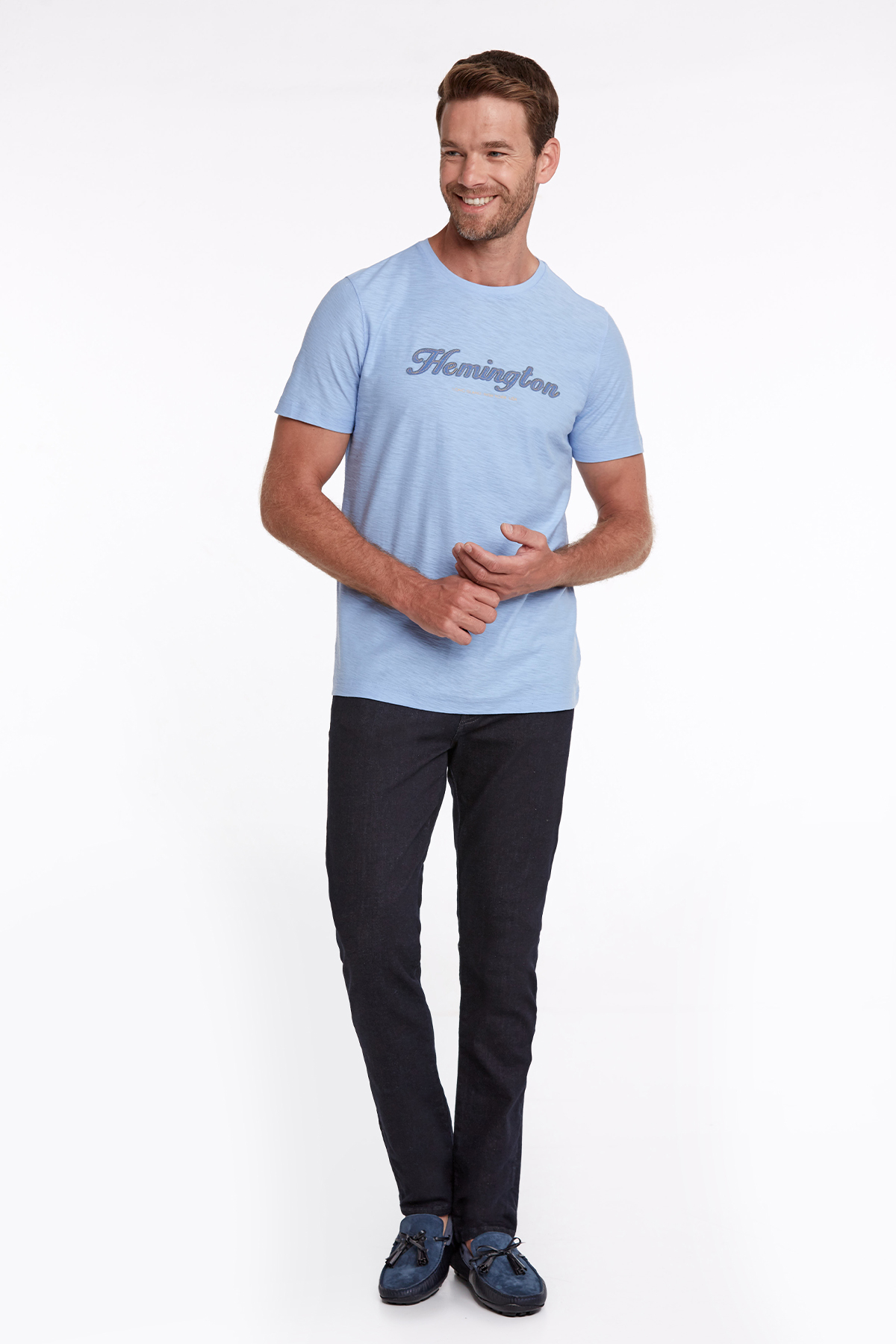 Hemington Logolu Bisiklet Yaka Mavi Pamuk T-Shirt
