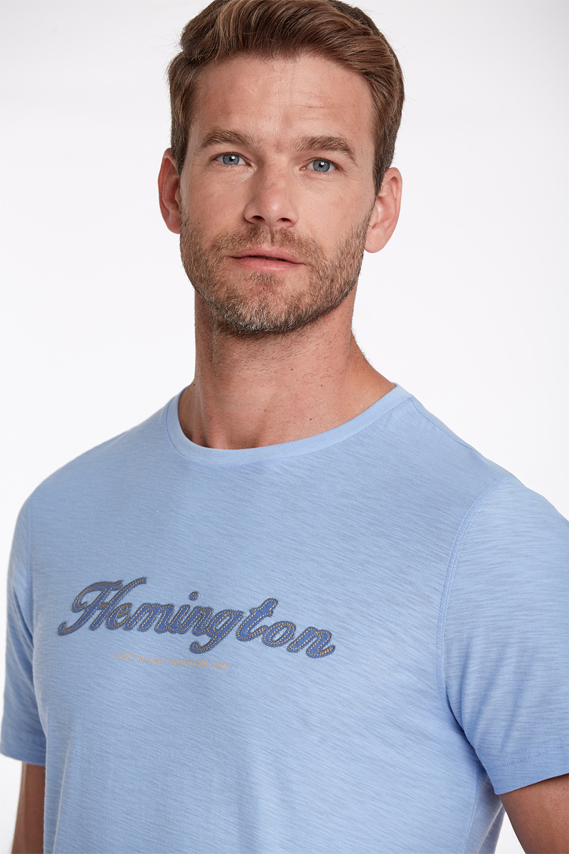 Hemington Logolu Bisiklet Yaka Mavi Pamuk T-Shirt. 6