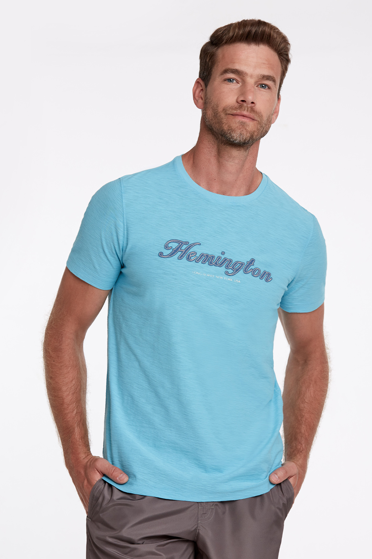 Hemington Logolu Bisiklet Yaka Turkuaz Pamuk T-Shirt