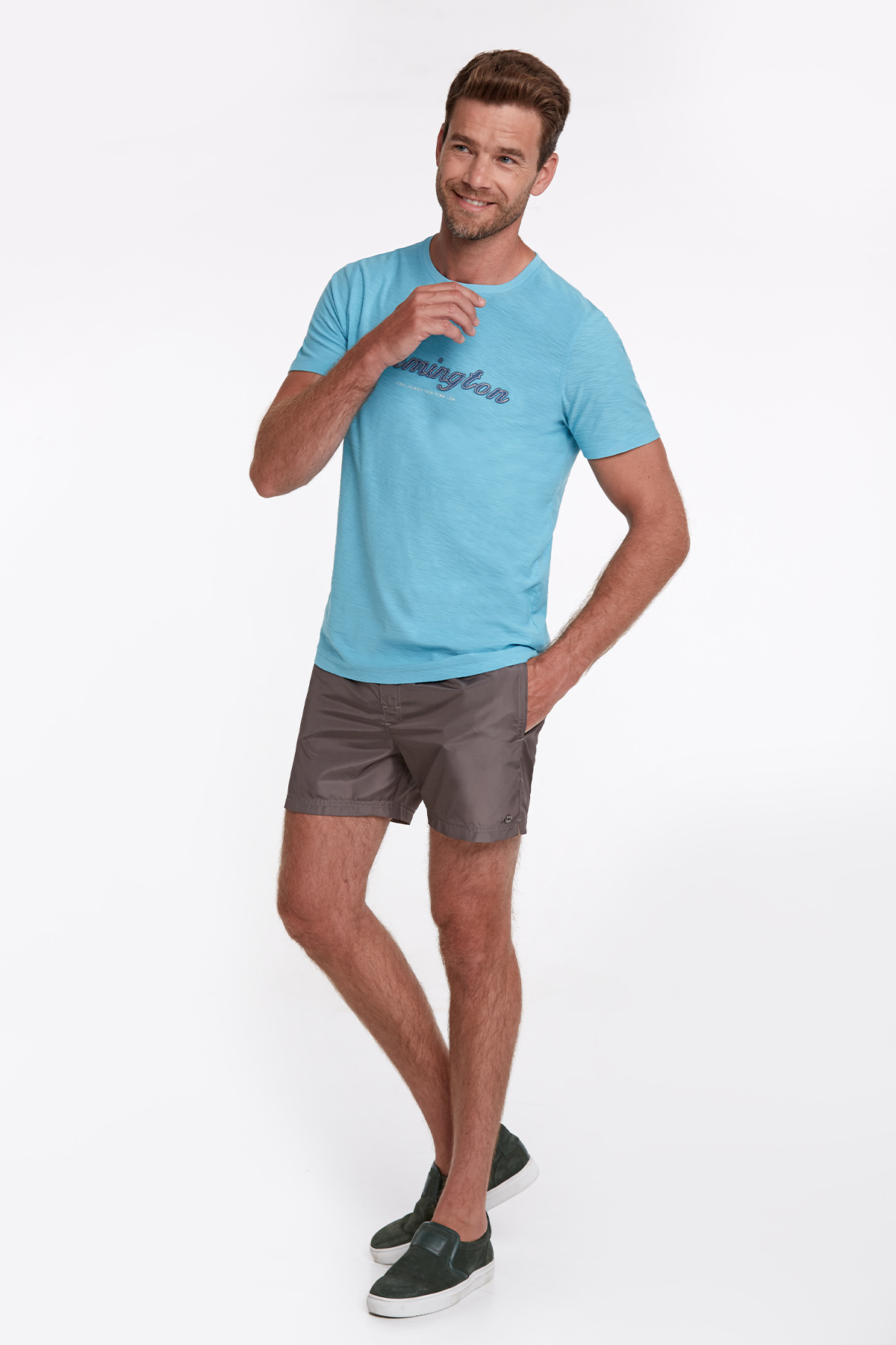 Hemington Logolu Bisiklet Yaka Turkuaz Pamuk T-Shirt