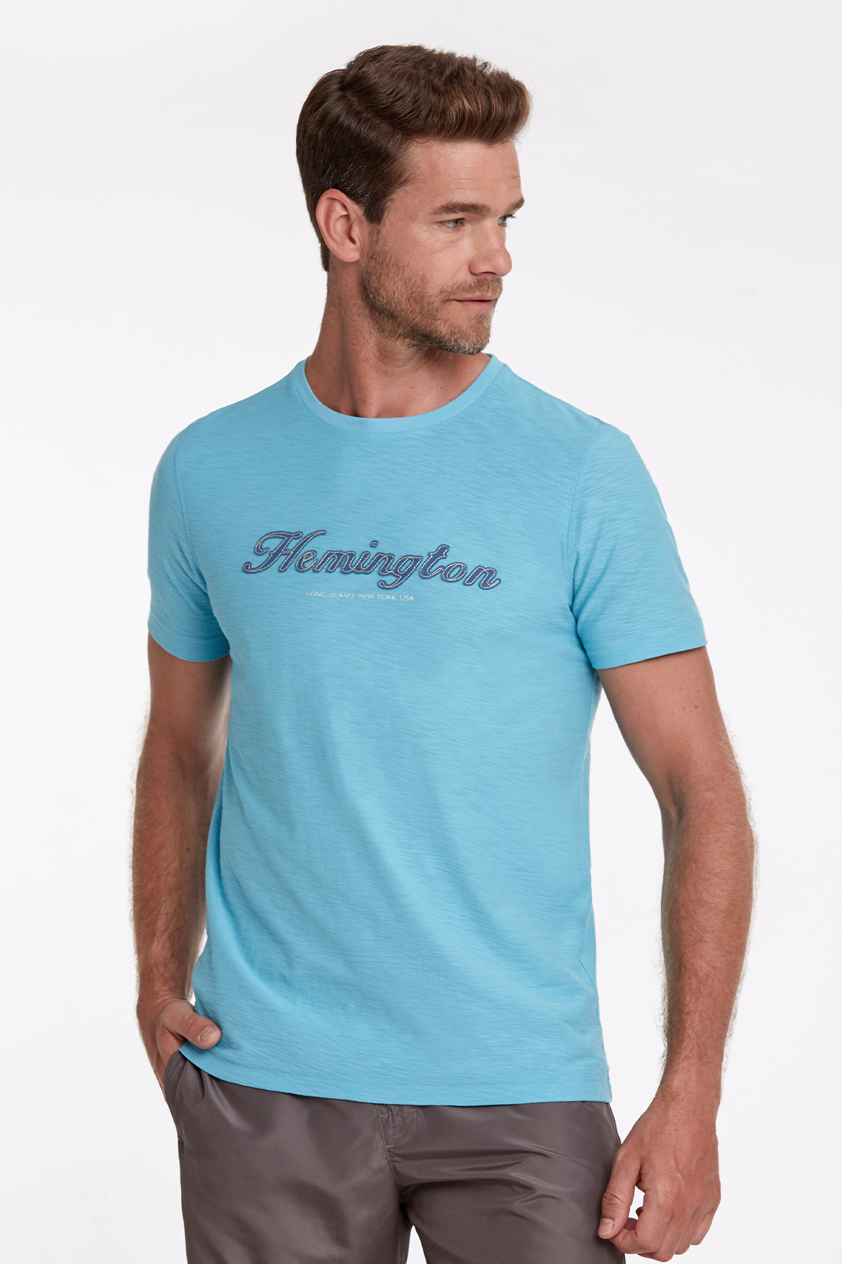 Hemington Logolu Bisiklet Yaka Turkuaz Pamuk T-Shirt