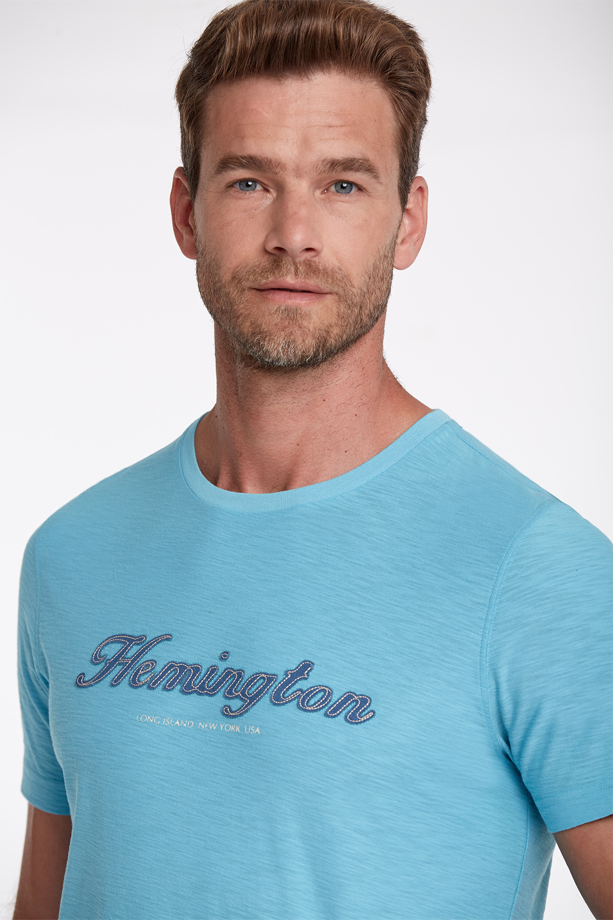 Hemington Logolu Bisiklet Yaka Turkuaz Pamuk T-Shirt