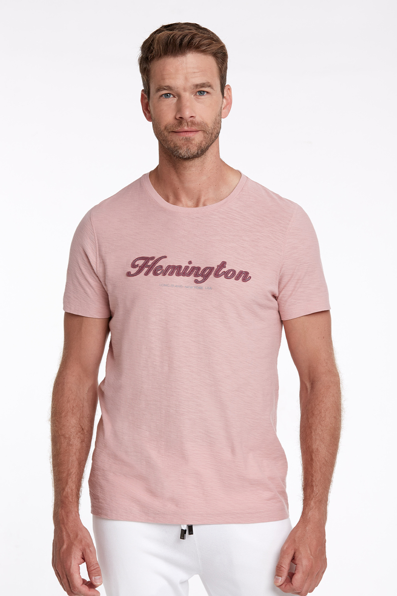 Hemington Logolu Bisiklet Yaka Pembe Pamuk T-Shirt. 1