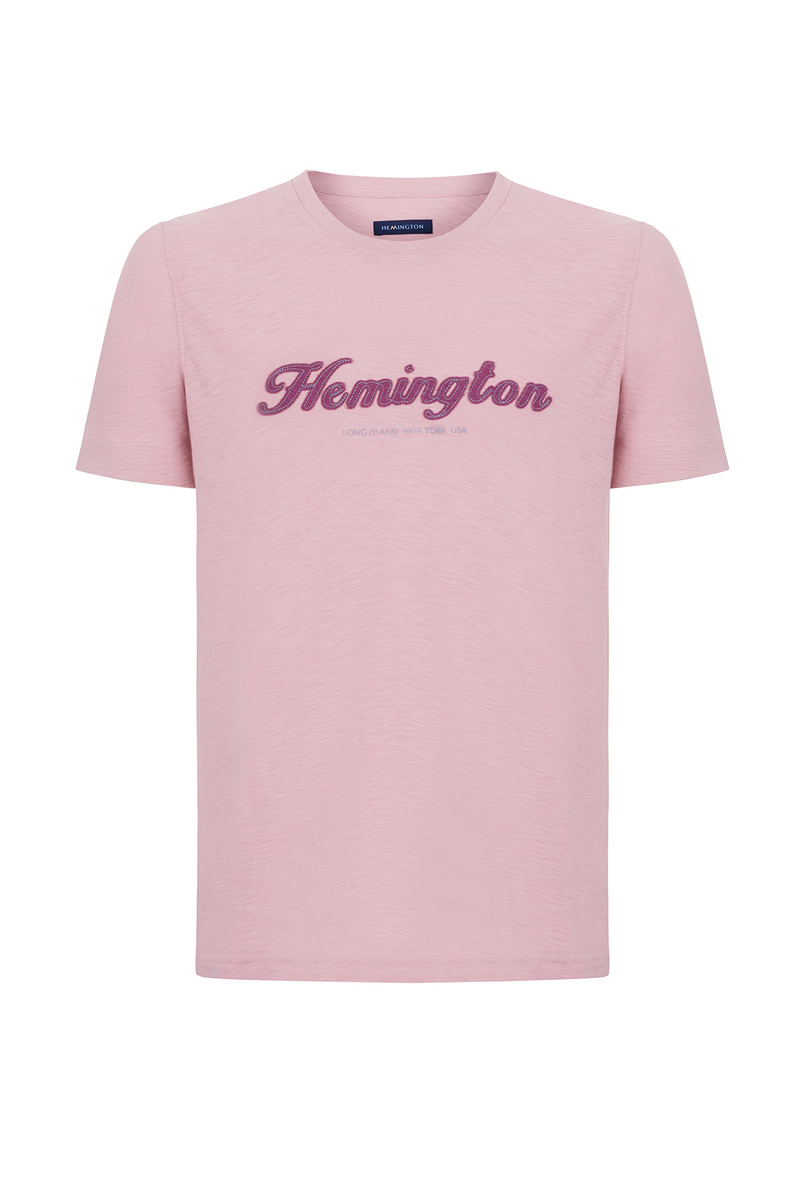 Hemington Logolu Bisiklet Yaka Pembe Pamuk T-Shirt. 6