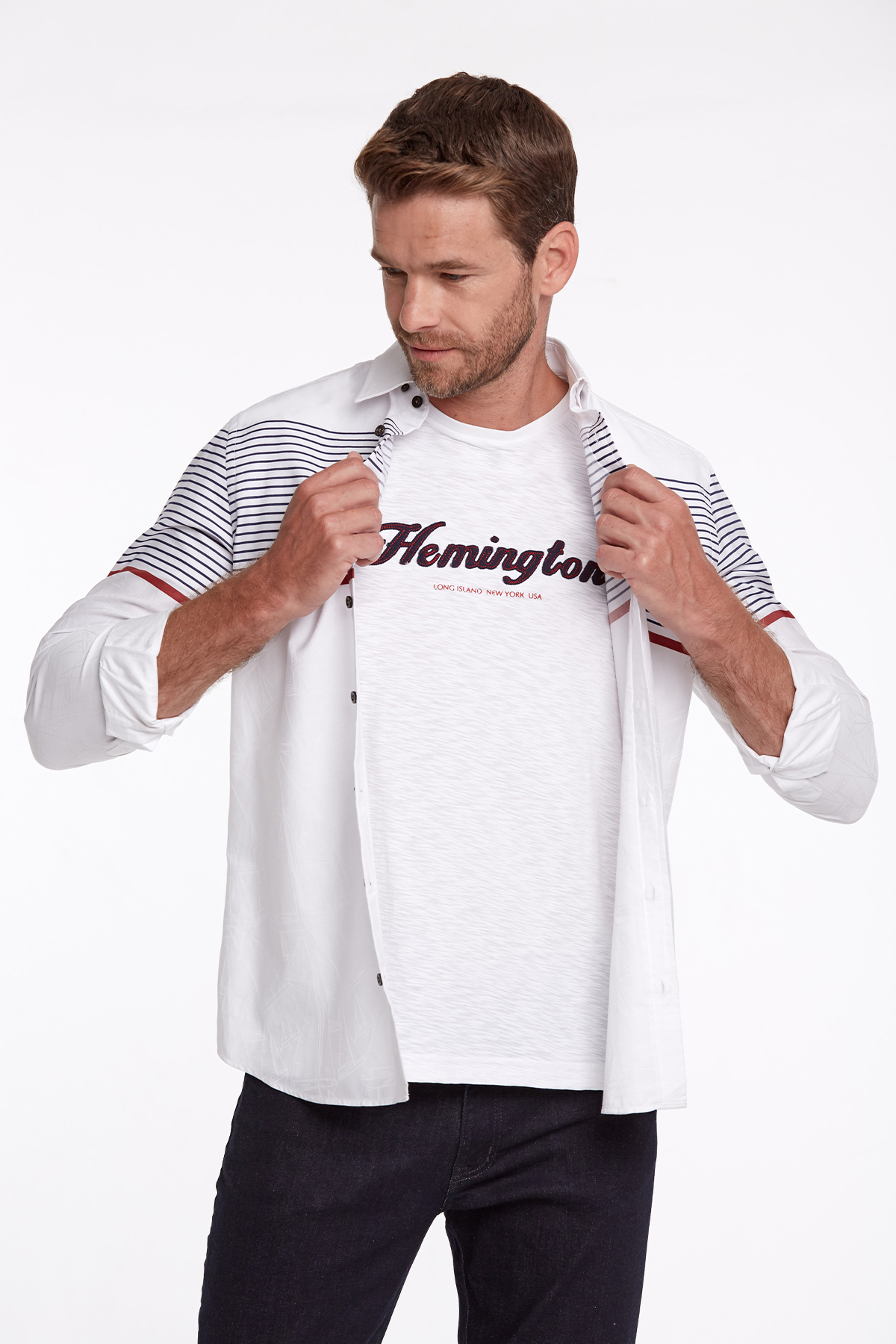 Hemington Logolu Bisiklet Yaka Kırık Beyaz Pamuk T-Shirt