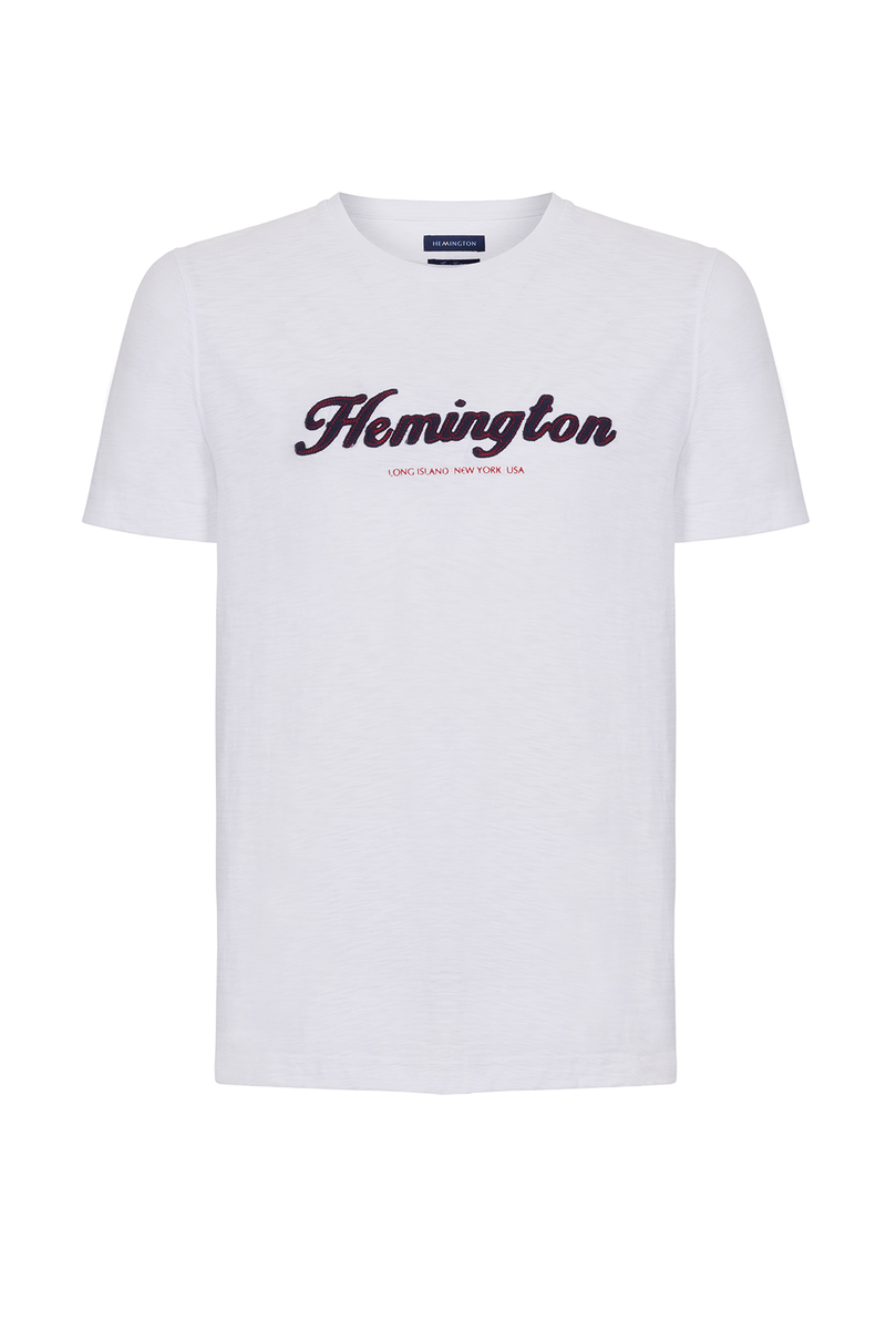Hemington Logolu Bisiklet Yaka Kırık Beyaz Pamuk T-Shirt. 4