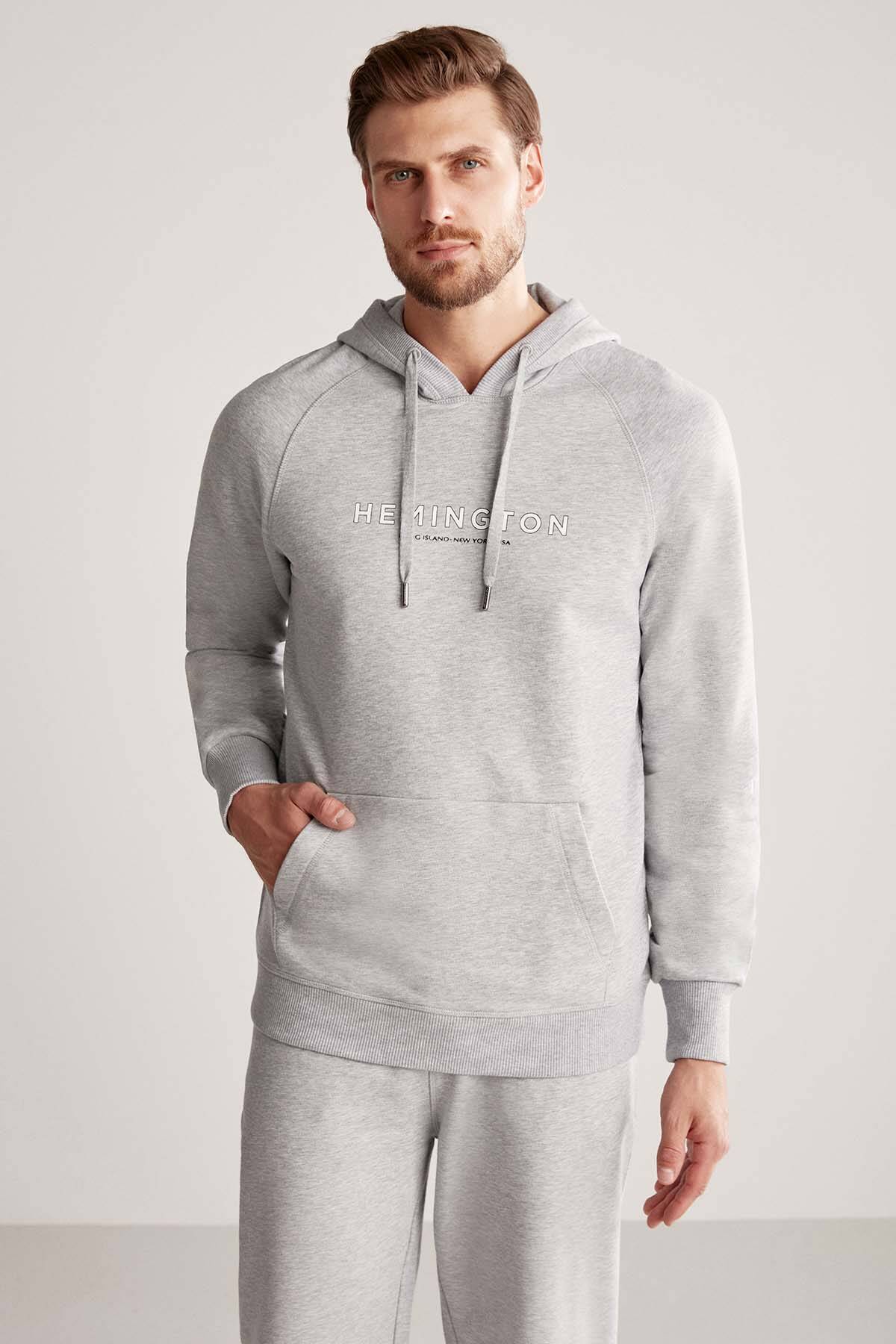 Hemington Logolu Kapüşonlu Açık Gri Hoody