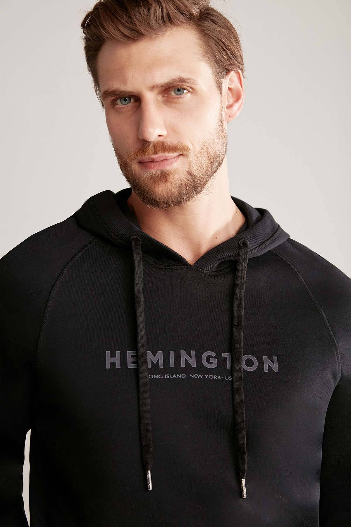 Hemington Logolu Kapüşonlu Siyah Hoody