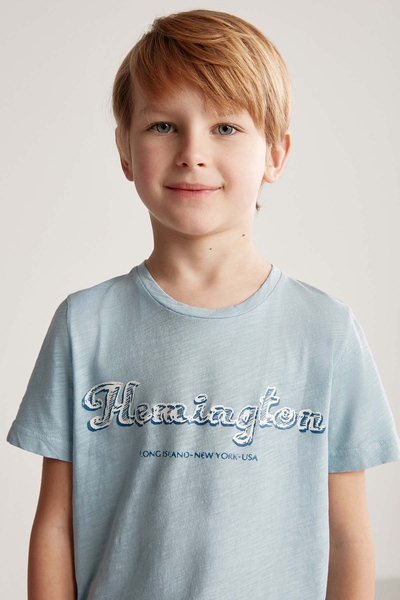 Hemington Nakış Logolu Bisiklet Yaka Mavi Pamuk Çocuk T-Shirt - Hemington