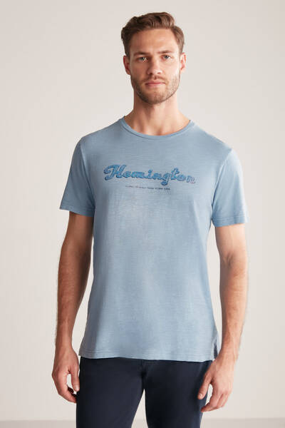 Hemington Nakış Logolu Bisiklet Yaka Mavi Pamuk T-Shirt - Hemington