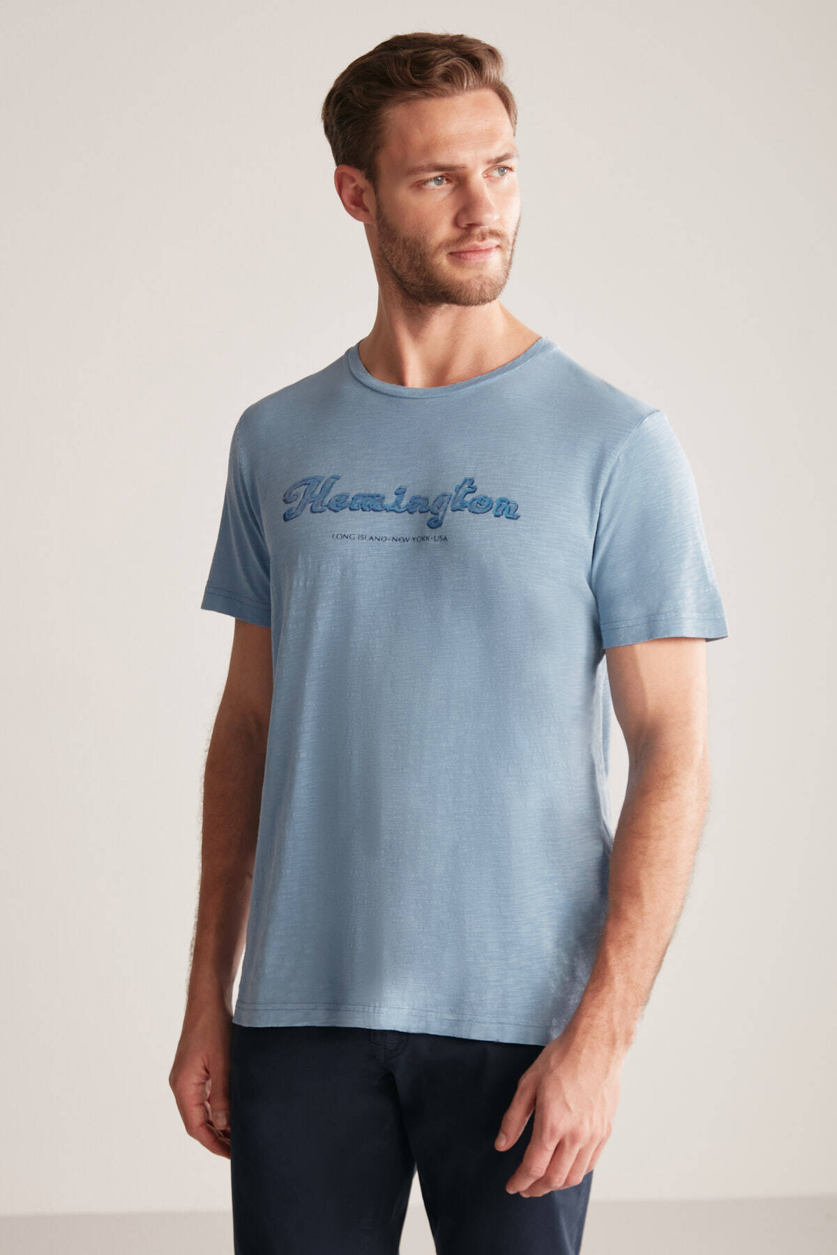 Hemington Nakış Logolu Bisiklet Yaka Mavi Pamuk T-Shirt