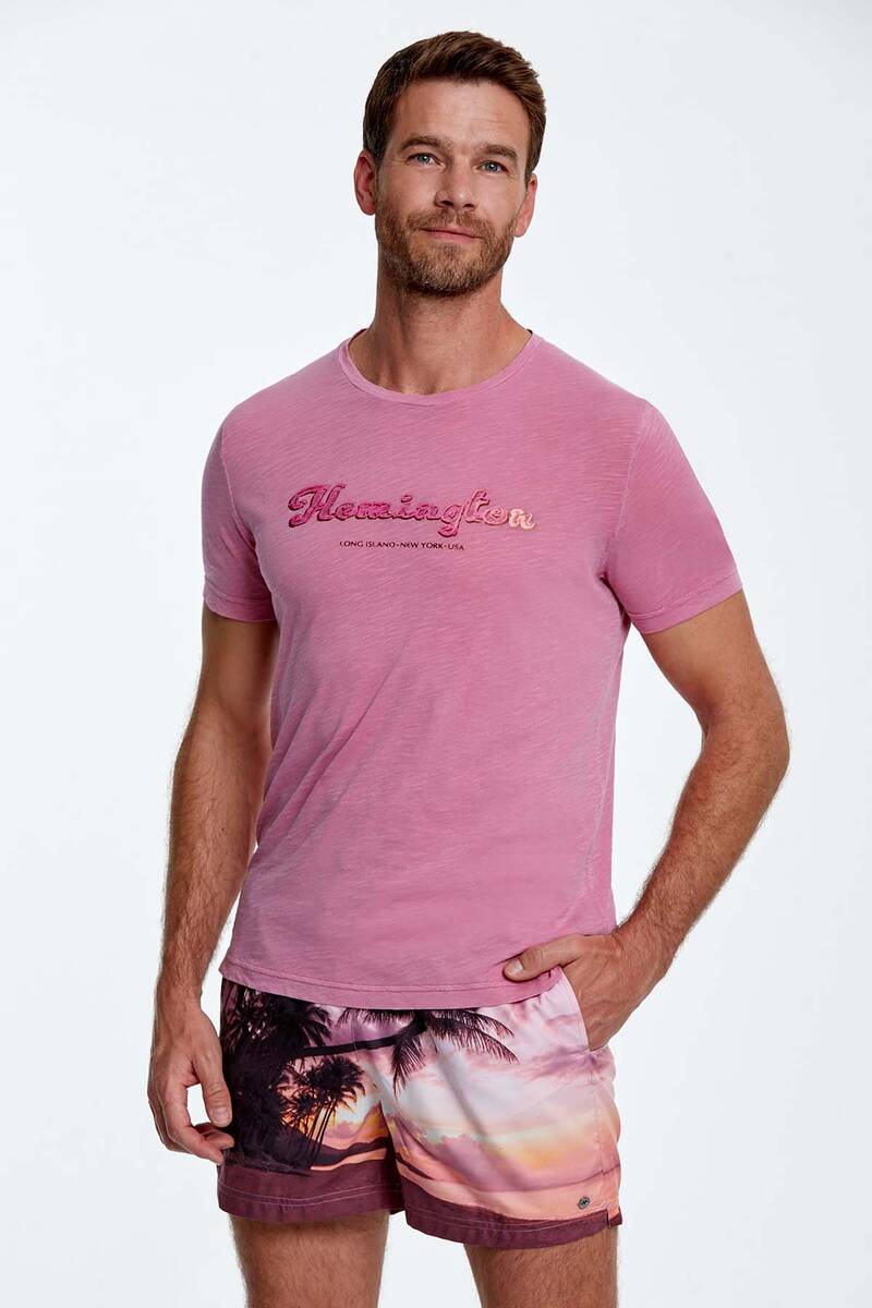 Hemington Nakış Logolu Bisiklet Yaka Pembe Pamuk T-Shirt. 1 Hemington Nakış Logolu Bisiklet Yaka Pembe Pamuk T-Shirt. 1