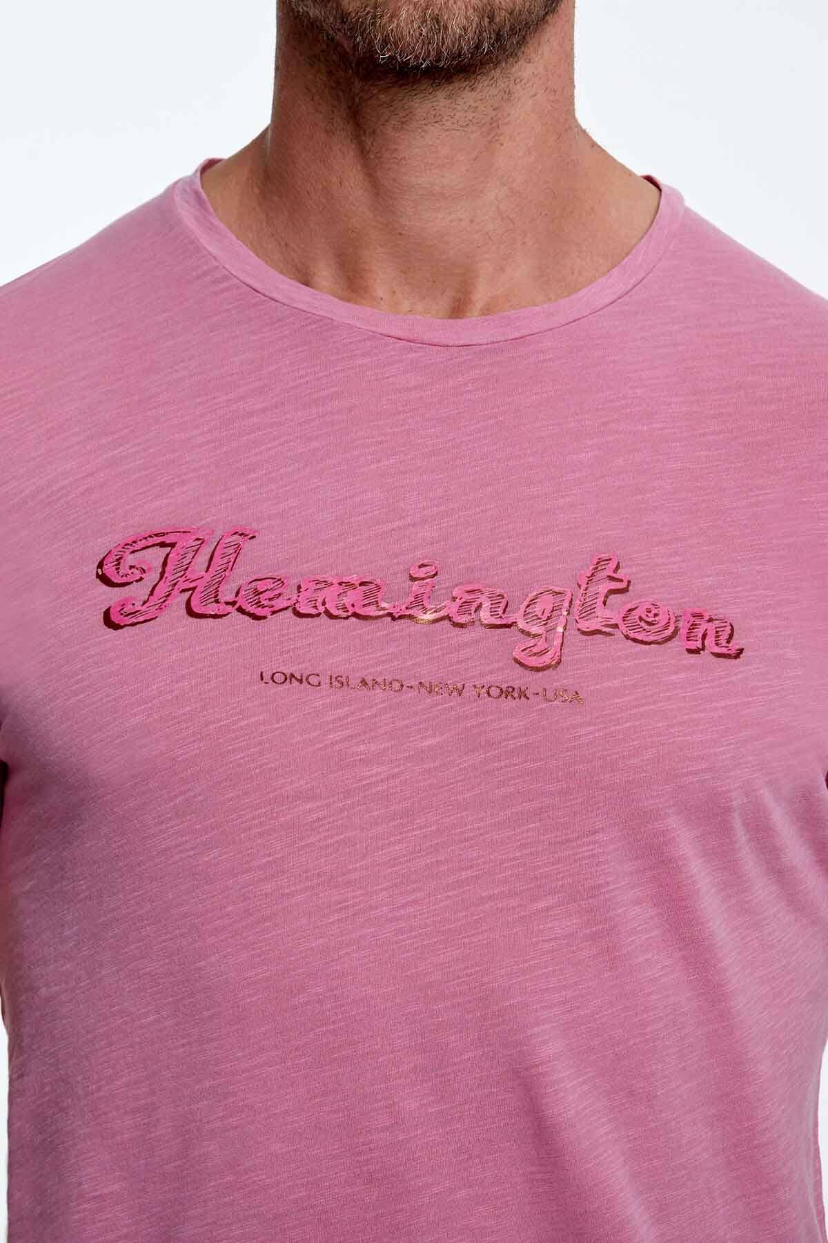 Hemington Nakış Logolu Bisiklet Yaka Pembe Pamuk T-Shirt