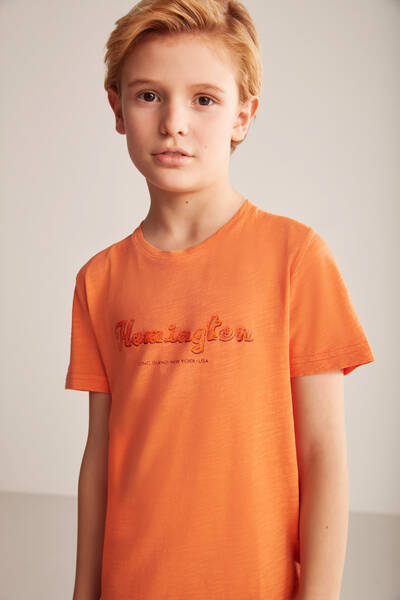 Hemington Nakış Logolu Bisiklet Yaka Turuncu Pamuk Çocuk T-Shirt - Hemington