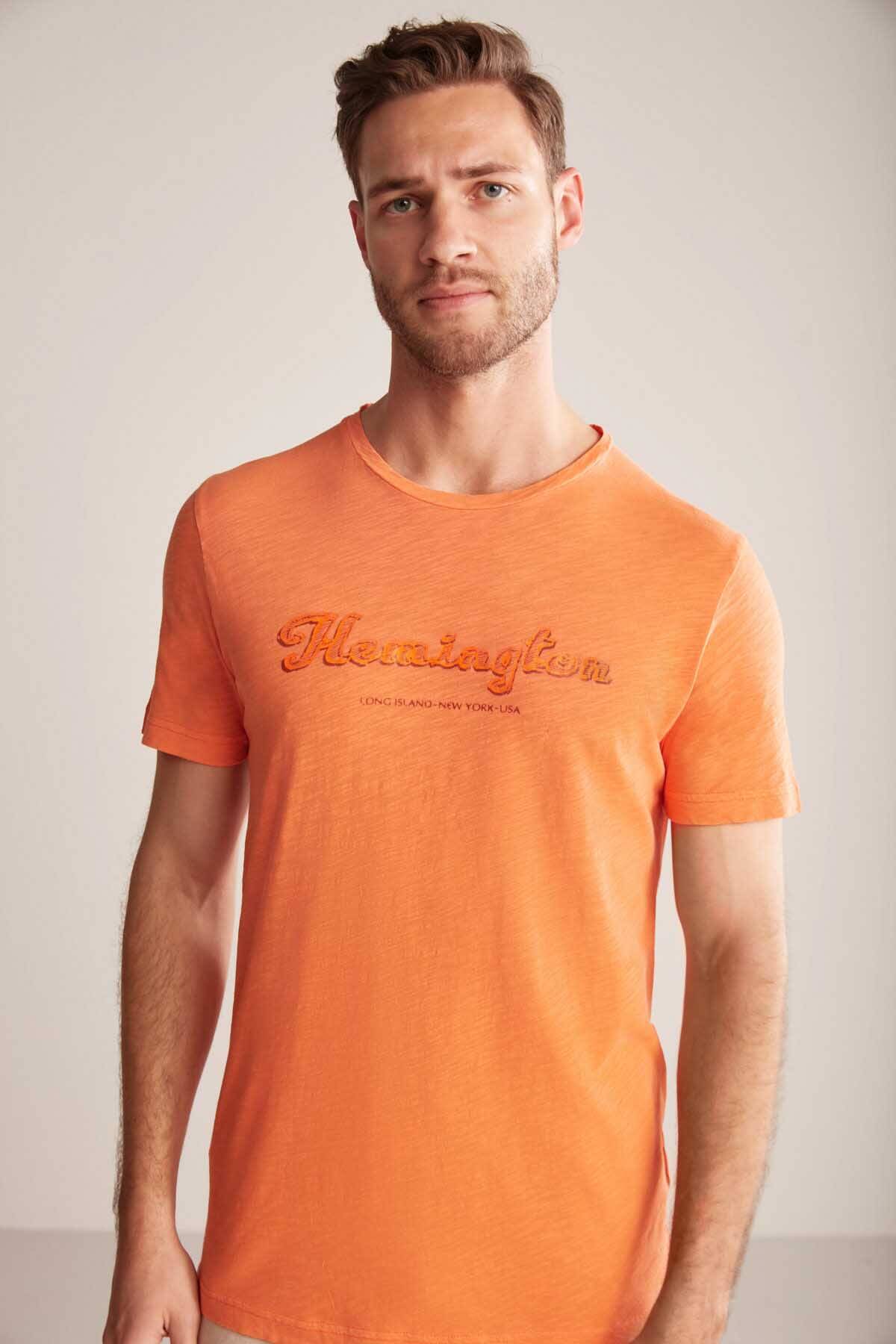 Hemington Nakış Logolu Bisiklet Yaka Turuncu Pamuk T-Shirt