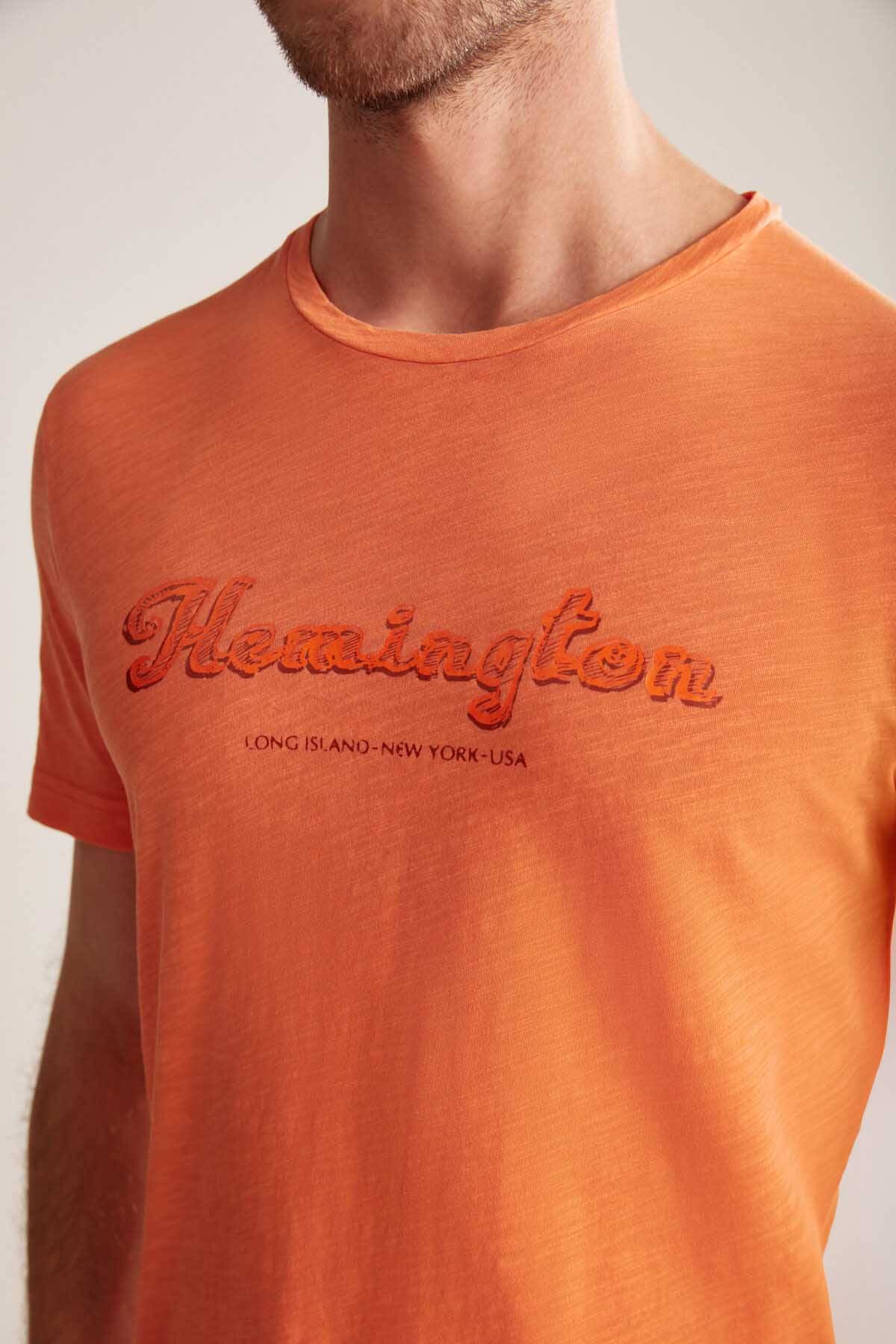Hemington Nakış Logolu Bisiklet Yaka Turuncu Pamuk T-Shirt