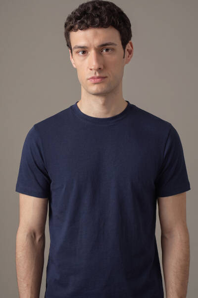 İnterlok Örgü Bisiklet Yaka Lacivert T-Shirt