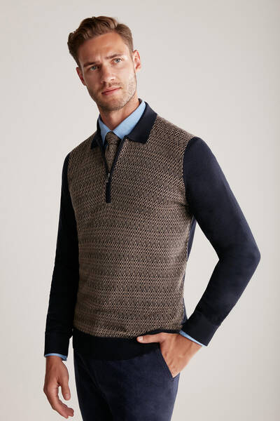 İpek Karışım Polo Yaka Lacivert-Camel Merino Yün Triko