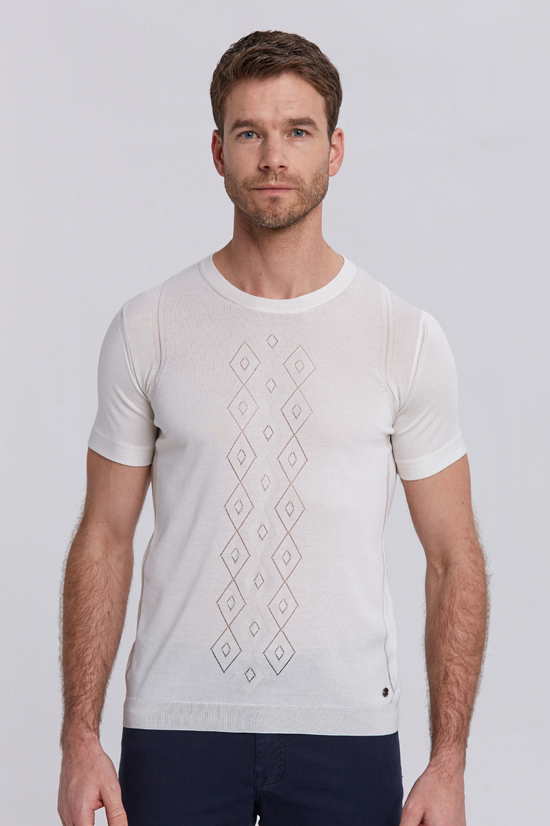 Hemington İpek Karışımlı Desenli Kırık Beyaz Triko T-Shirt. 1