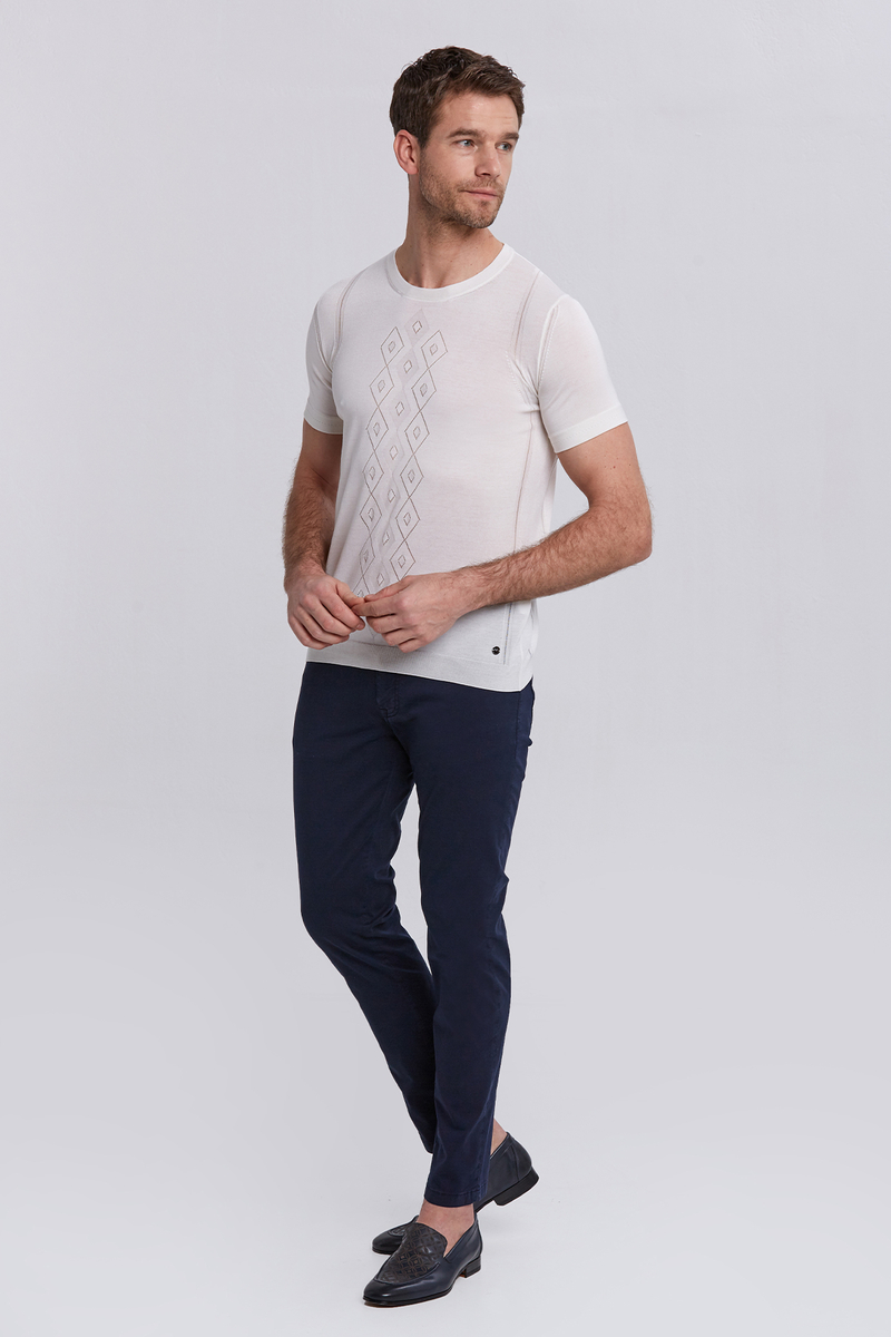 Hemington İpek Karışımlı Desenli Kırık Beyaz Triko T-Shirt. 2