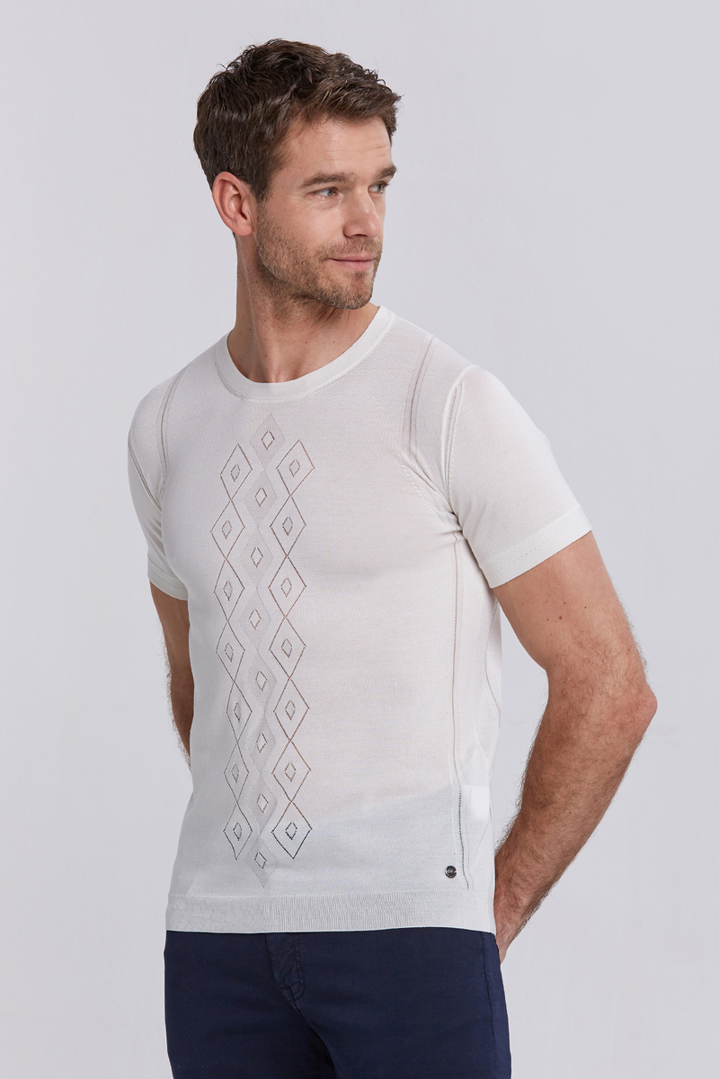 Hemington İpek Karışımlı Desenli Kırık Beyaz Triko T-Shirt. 4