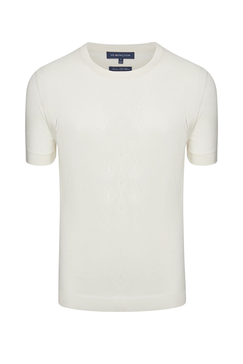 Hemington İpek Karışımlı Desenli Kırık Beyaz Triko T-Shirt. 8