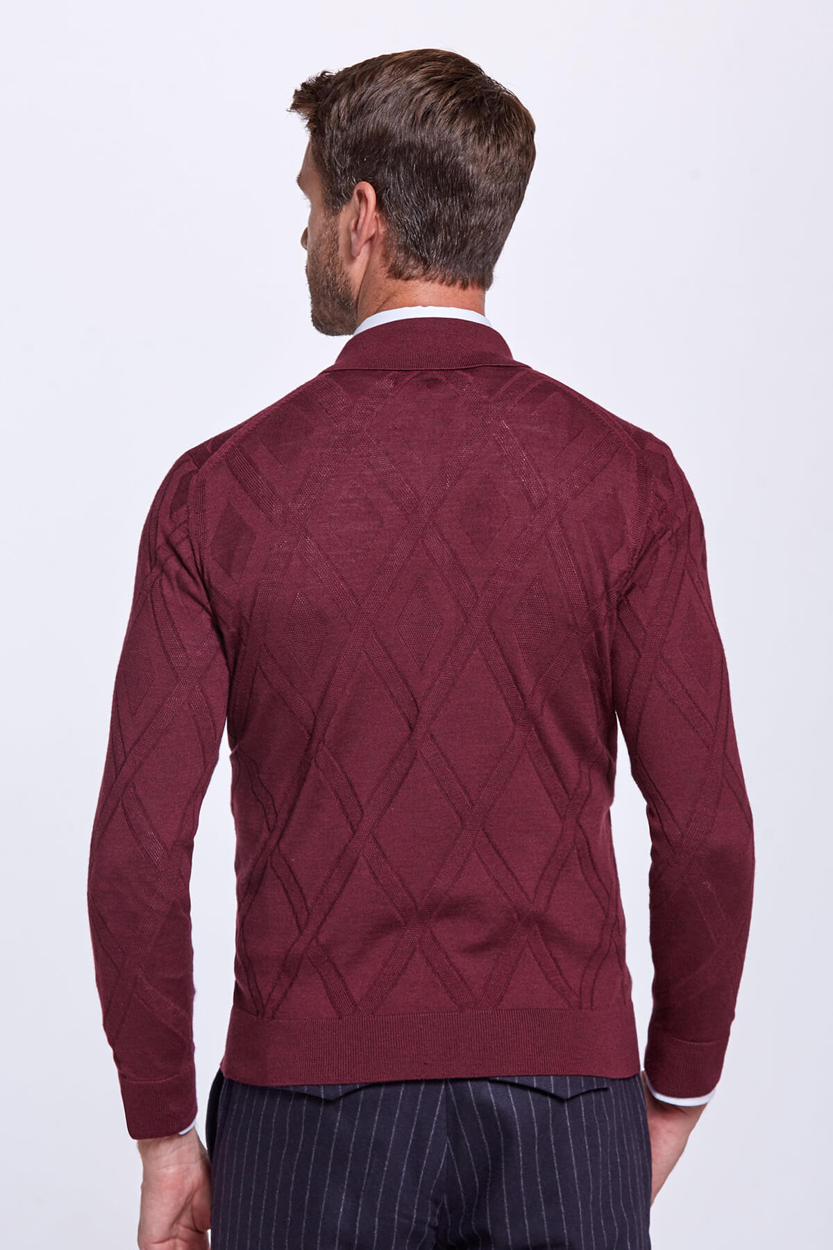 İpek Karışımlı Polo Yaka Bordo Merino Yün Triko