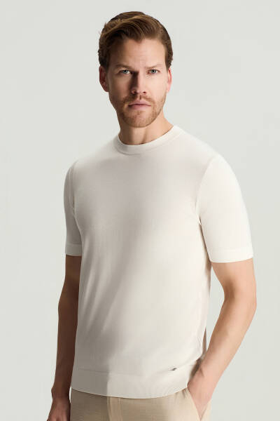 İpek Karışımlı Bisiklet Yaka Beyaz Triko T-Shirt - Hemington