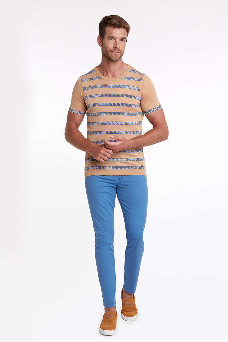 Hemington İpek Karışımlı Çizgi Desenli Mavi Triko T-Shirt. 2