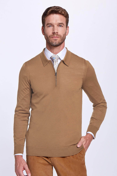 İpek Karışımlı Polo Yaka Tütün Rengi Merino Yün Triko