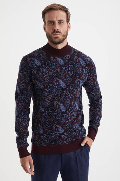 Paisley Desen İpek Merino Yarım Boğazlı Bordo Triko