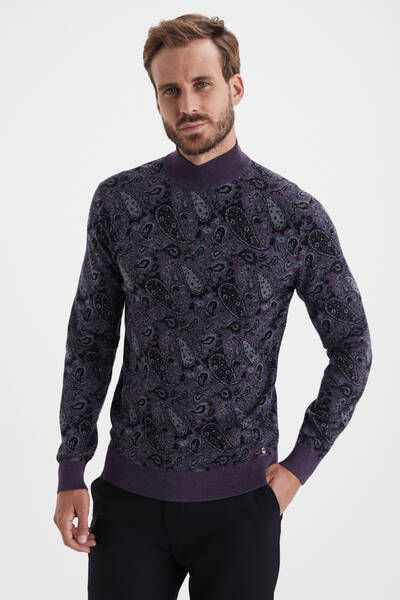 Paisley Desen İpek Merino Yarım Boğazlı Mor Triko