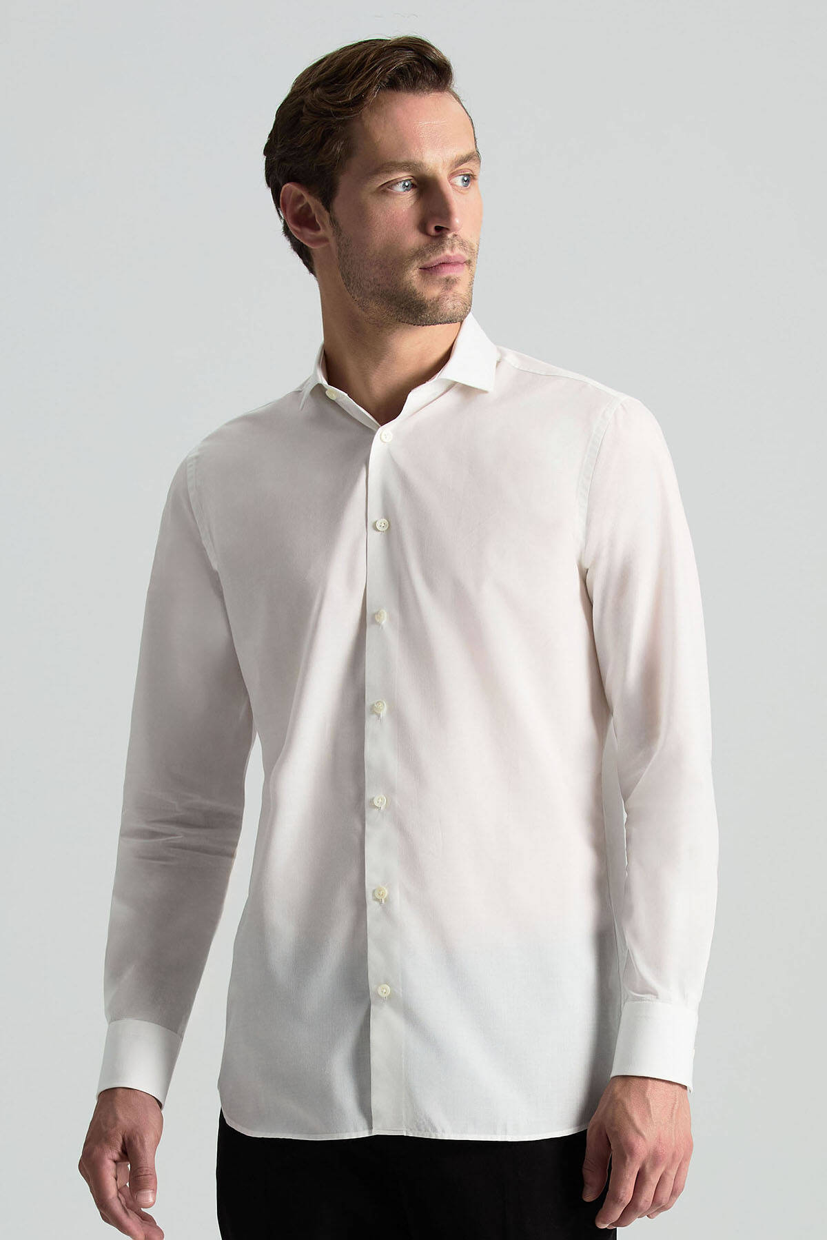 İpek Pamuk Karışım İtalyan Yaka Beyaz Gömlek