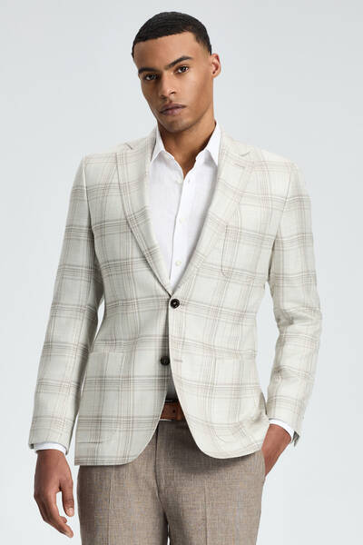 İpek-Yün Karışım Ekose Desen Krem Rengi Blazer Ceket - Hemington
