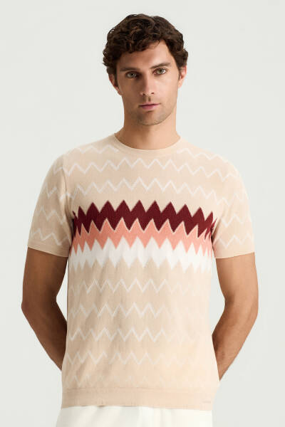 İtalyan İplik Zigzag Desen Bej Triko T-Shirt - Hemington