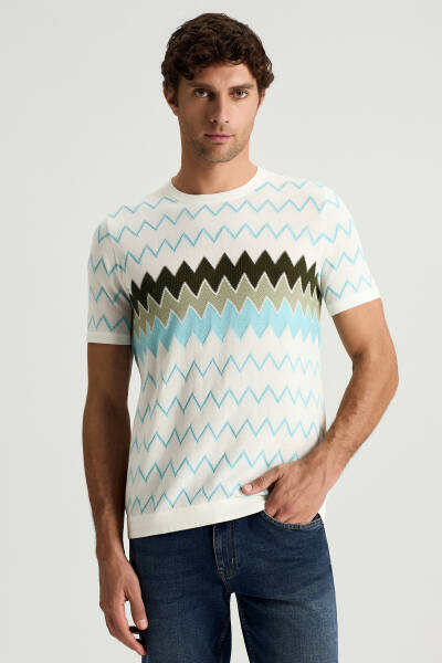 İtalyan İplik Zigzag Desen Beyaz Triko T-Shirt - Hemington