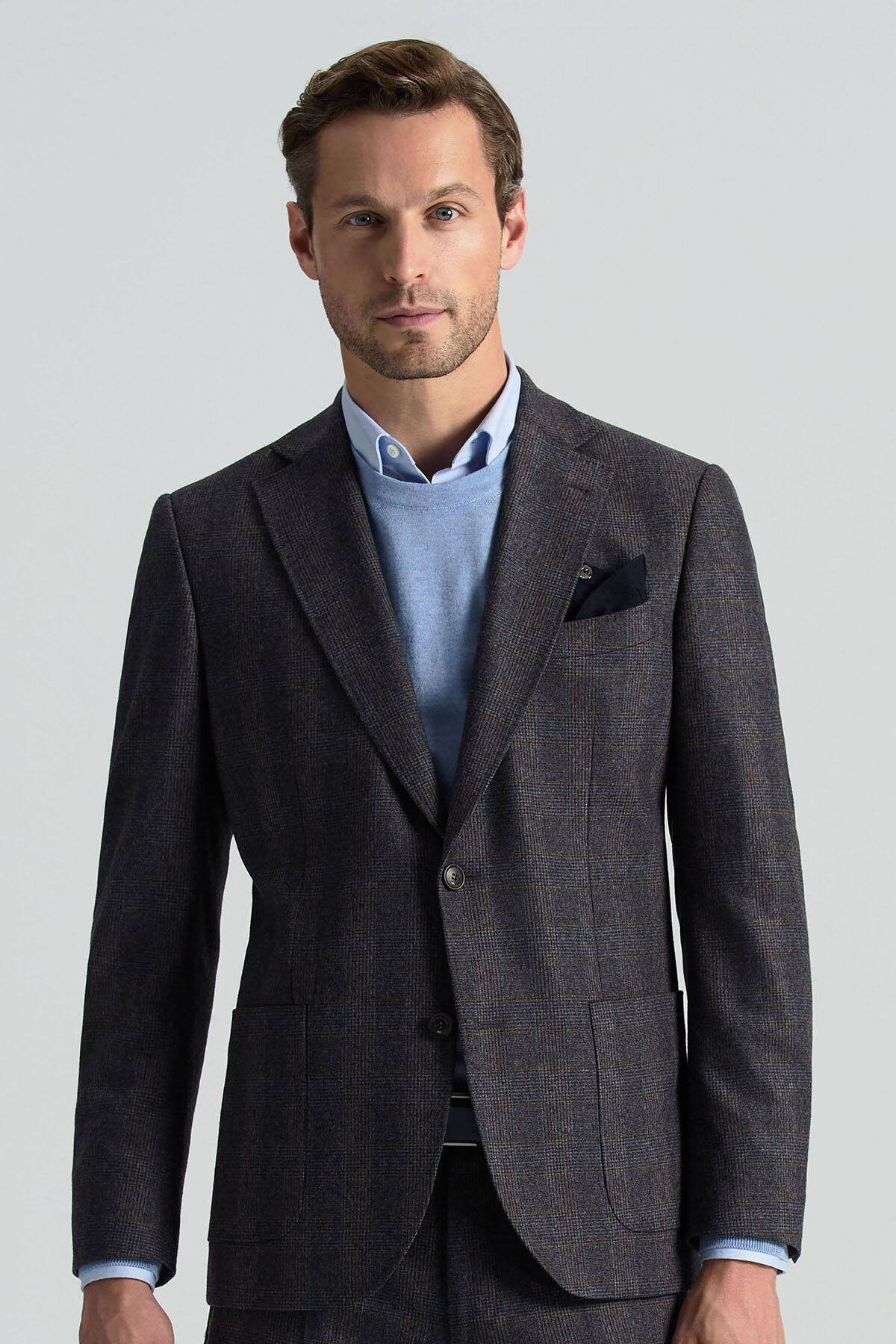 İtalyan Yün Kaşmir Karışım Ekose Desen Antrasit Blazer Ceket