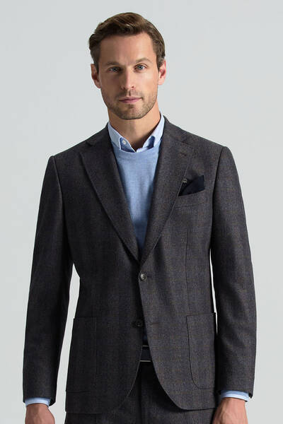 İtalyan Yün Kaşmir Karışım Ekose Desen Antrasit Blazer Ceket - Hemington