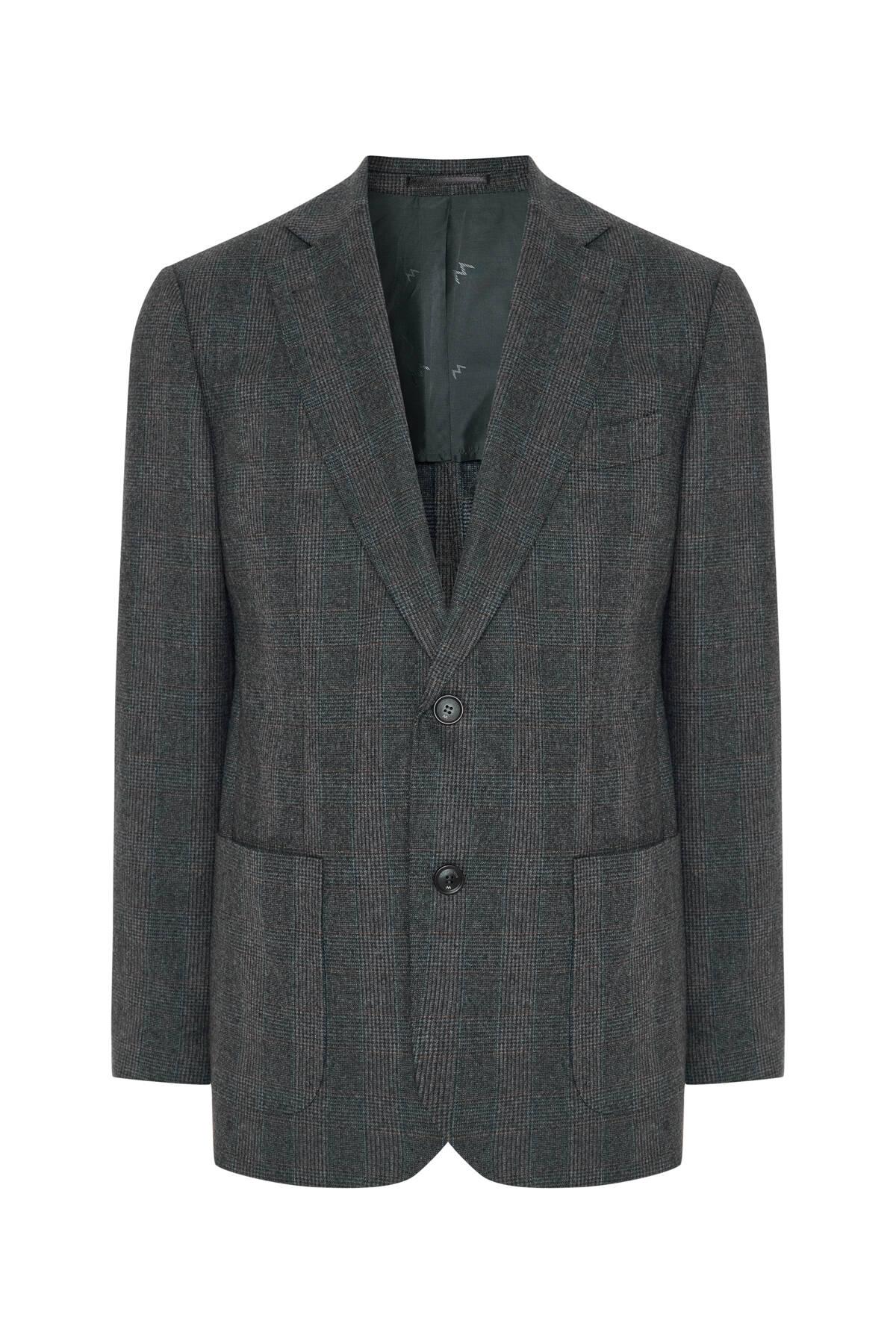 İtalyan Yün Kaşmir Karışım Ekose Desen Antrasit Blazer Ceket