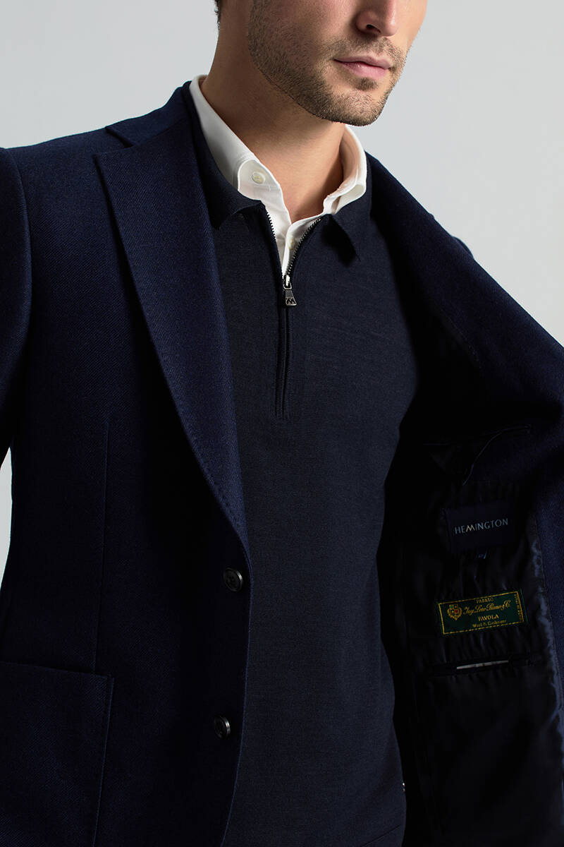 İtalyan Yün Kaşmir Karışım Lacivert Blazer Ceket