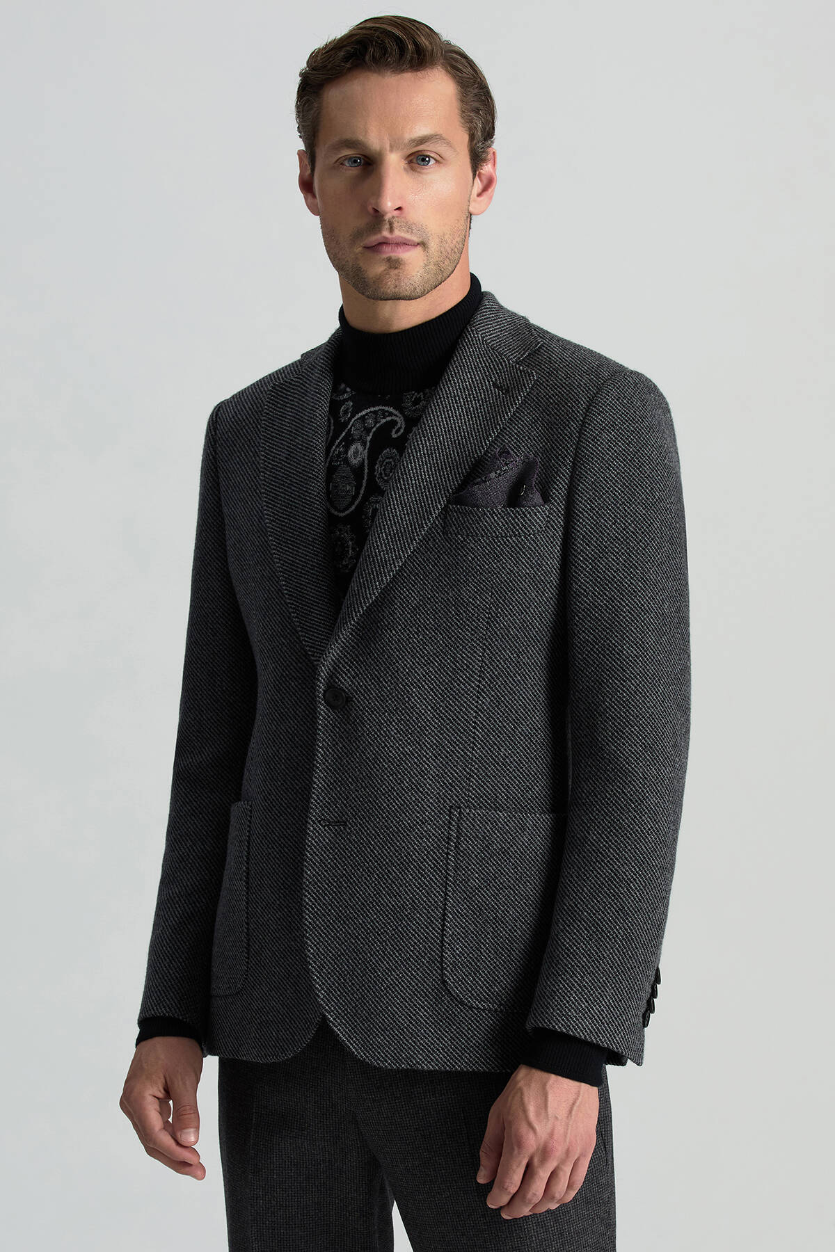 İtalyan Yün Kaşmir Karışım Siyah Blazer Ceket