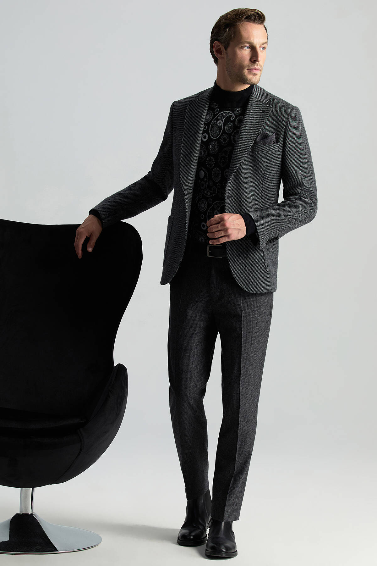 İtalyan Yün Kaşmir Karışım Siyah Blazer Ceket