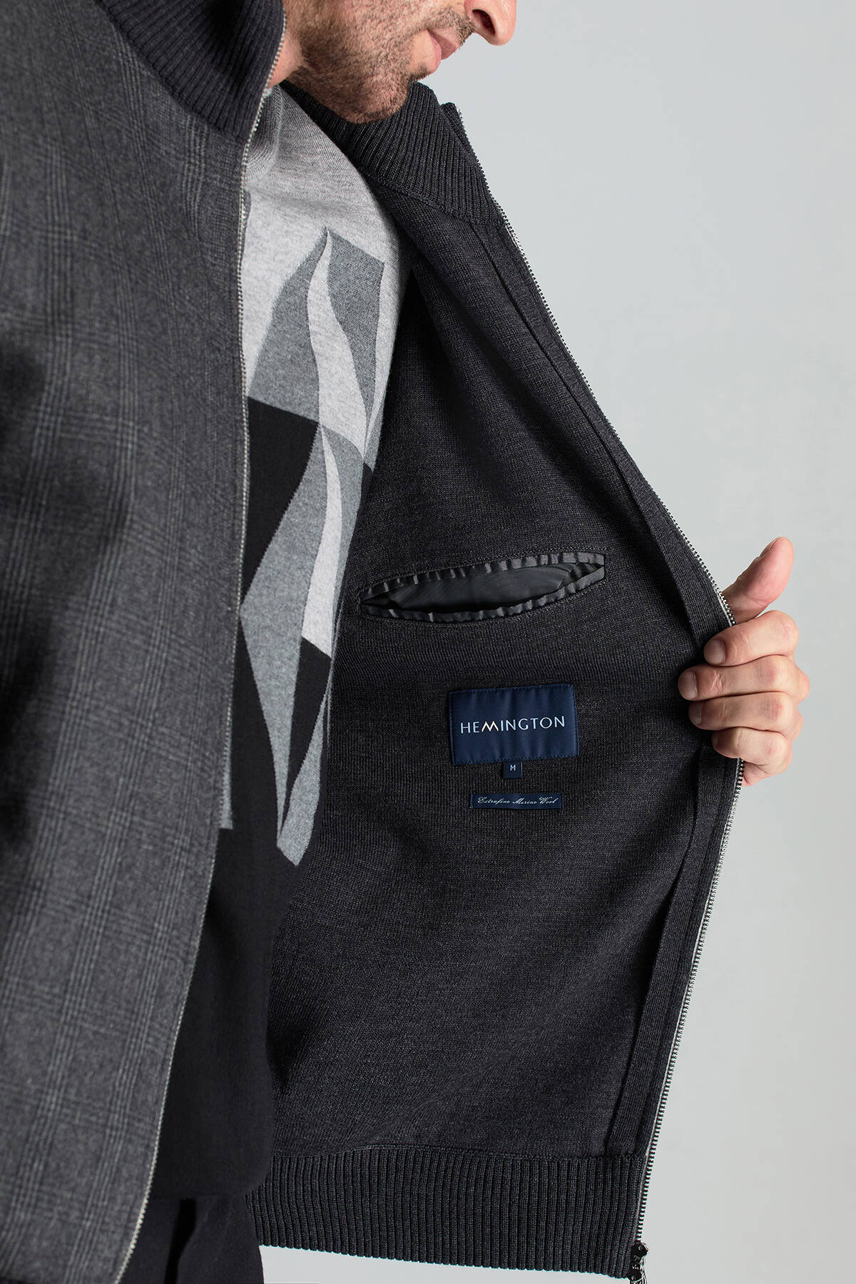 İtalyan Yün Kumaş Ekose Desen Antrasit Tailored Triko Ceket